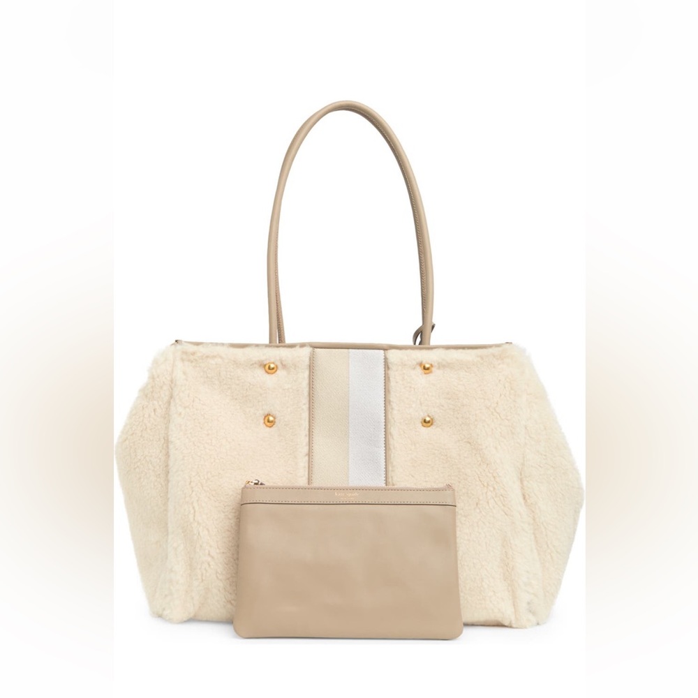 NWT kate spade Everything Racing Stripe Faux Shearling tote bag with pouch